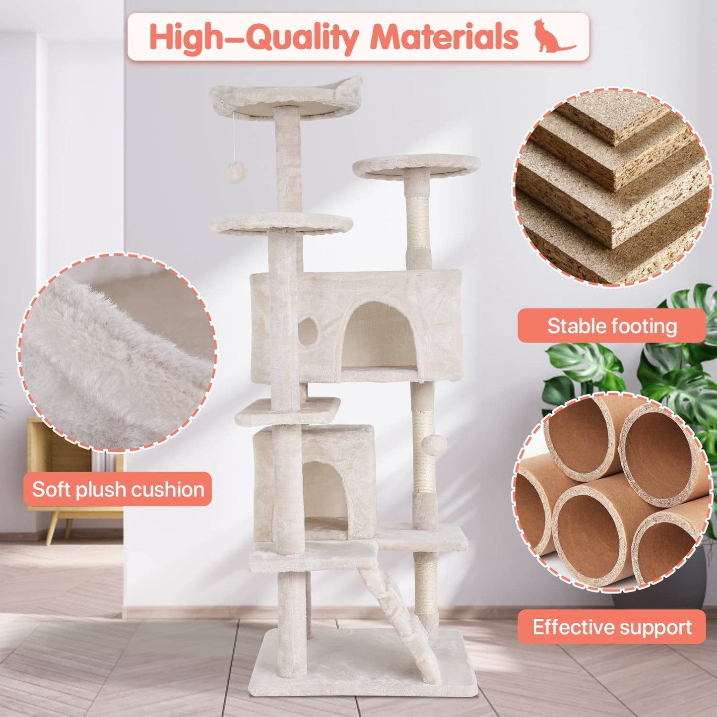 54-Inch Double Condo Cat Tree Tower with Scratching Post and Perch for Indoor Use, Beige