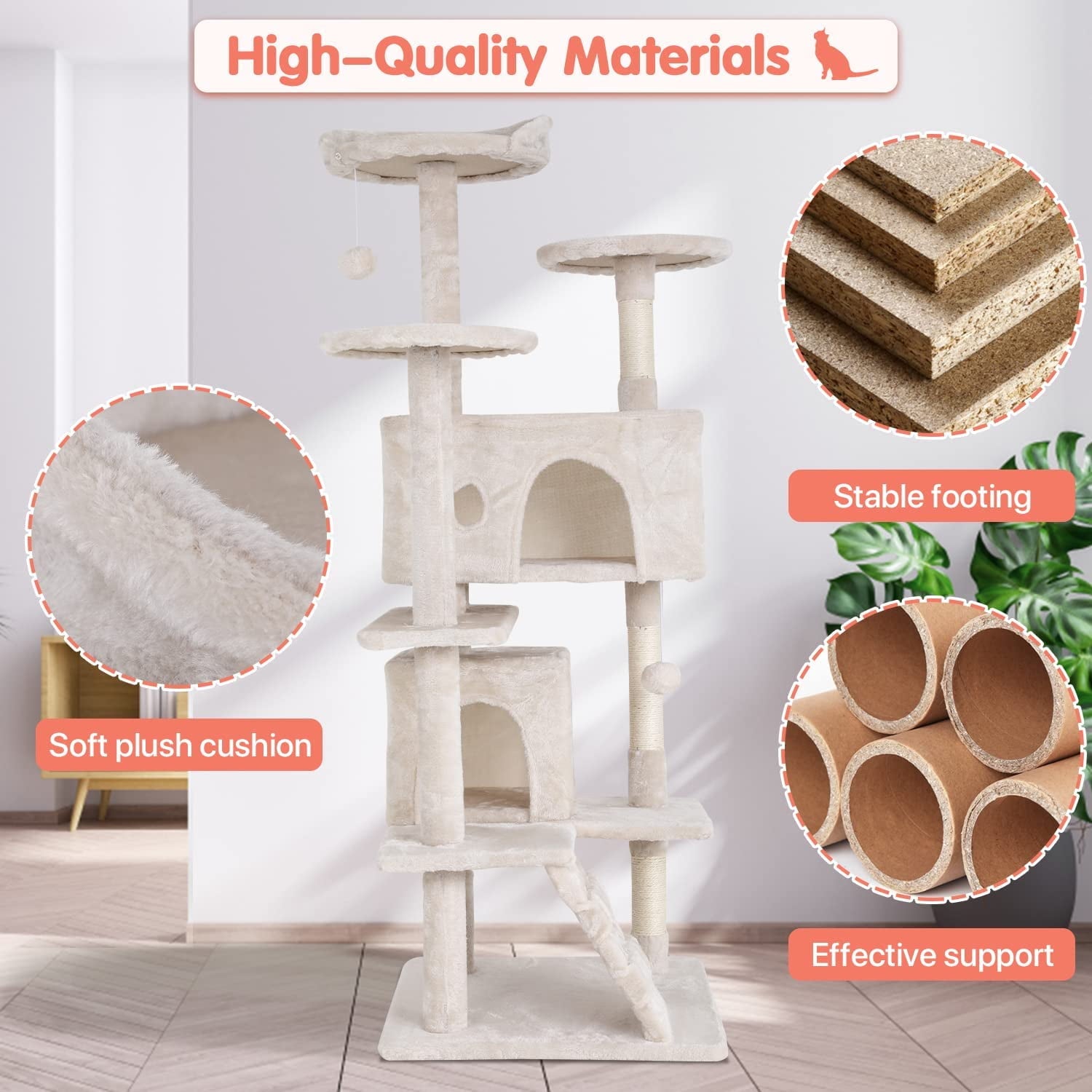 54-Inch Double Condo Cat Tree Tower with Scratching Post and Perch for Indoor Use, Beige