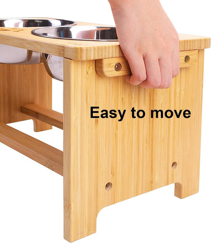 Elevated Dog Bowl Stand with Two Stainless Steel Bowls, 10" Height, 48 Oz Capacity, Pet-Safe Solid Bamboo Design for Large, Medium, and Small Dogs