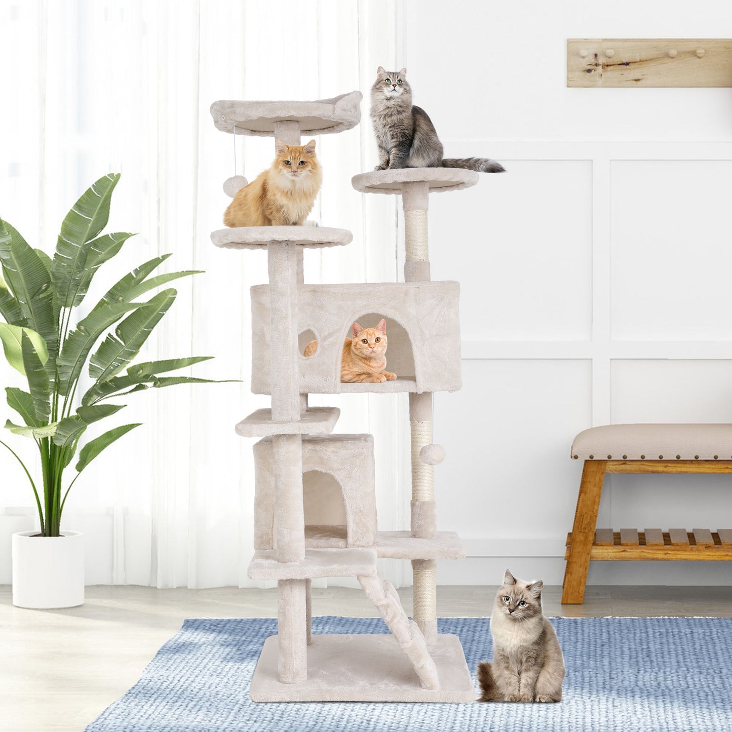 54-Inch Double Condo Cat Tree Tower with Scratching Post and Perch for Indoor Use, Beige