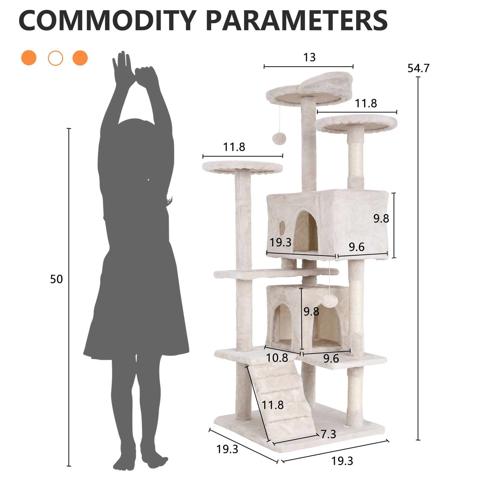 54-Inch Double Condo Cat Tree Tower with Scratching Post and Perch for Indoor Use, Beige