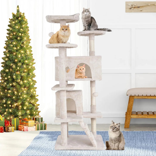 54-Inch Double Condo Cat Tree Tower with Scratching Post and Perch for Indoor Use, Beige