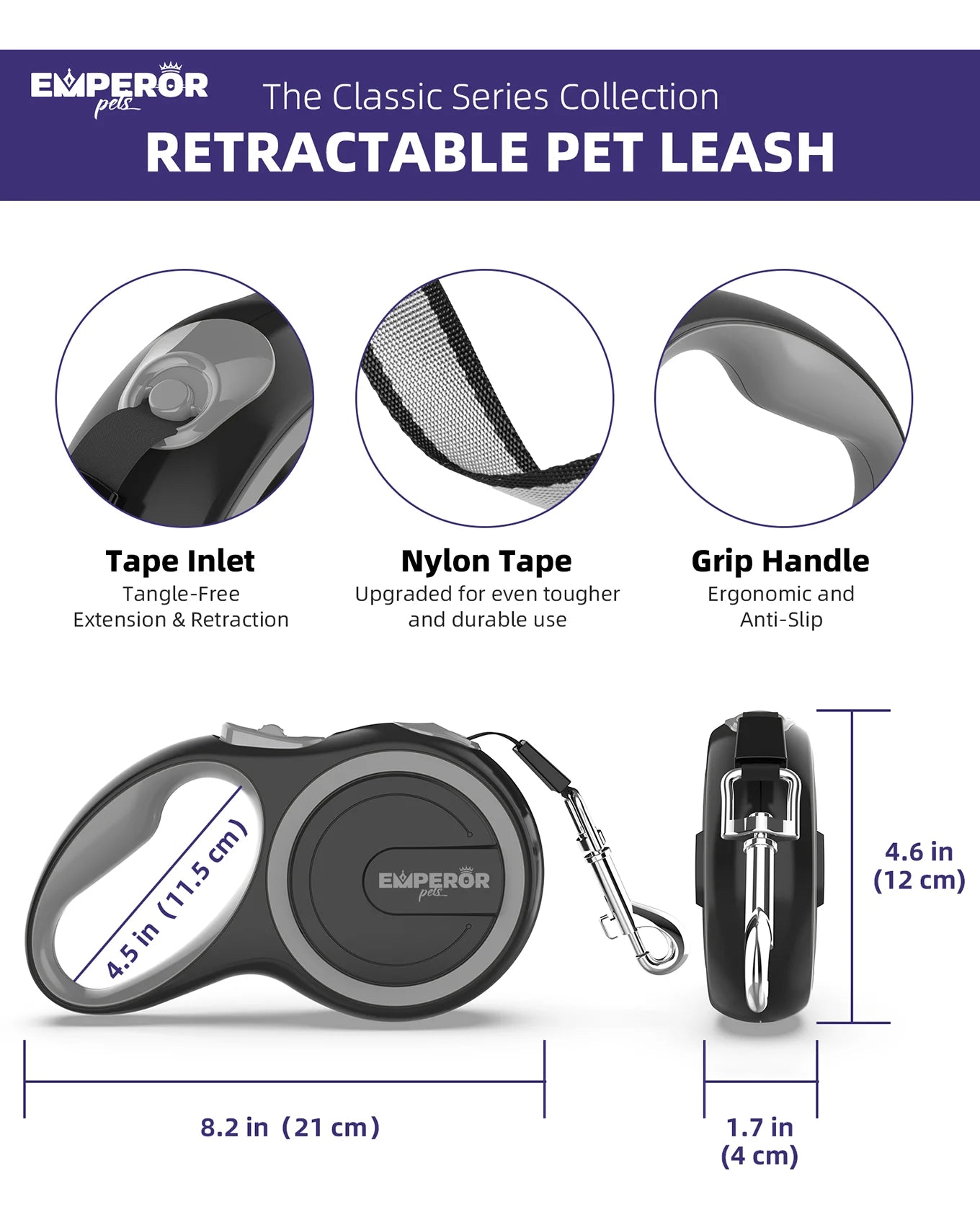 16 Ft Heavy Duty Retractable Dog Leash for Large Dogs up to 110 lbs - Gray