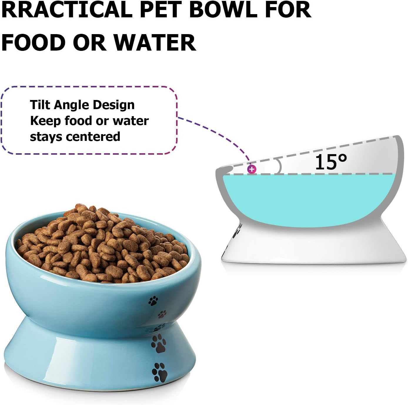 Ceramic 15-Ounce Slanted Cat Food and Water Bowl in Lake Blue