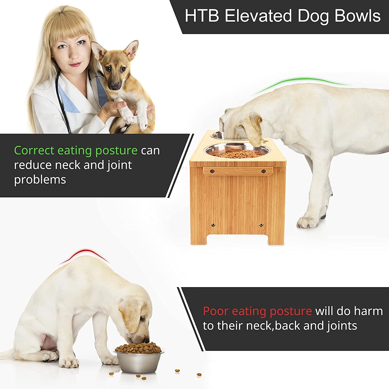 Elevated Dog Bowl Stand with Two Stainless Steel Bowls, 10" Height, 48 Oz Capacity, Pet-Safe Solid Bamboo Design for Large, Medium, and Small Dogs