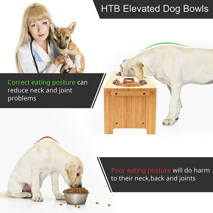 Elevated Dog Bowl Stand with Two Stainless Steel Bowls, 10" Height, 48 Oz Capacity, Pet-Safe Solid Bamboo Design for Large, Medium, and Small Dogs