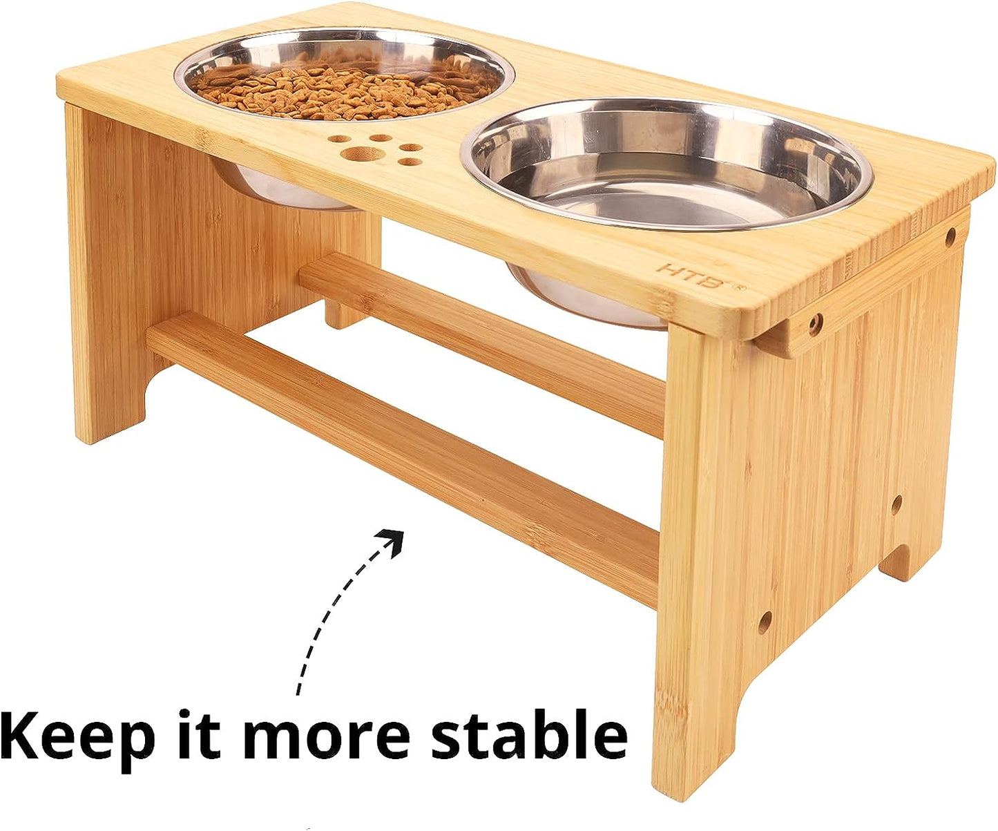 Elevated Dog Bowl Stand with Two Stainless Steel Bowls, 10" Height, 48 Oz Capacity, Pet-Safe Solid Bamboo Design for Large, Medium, and Small Dogs