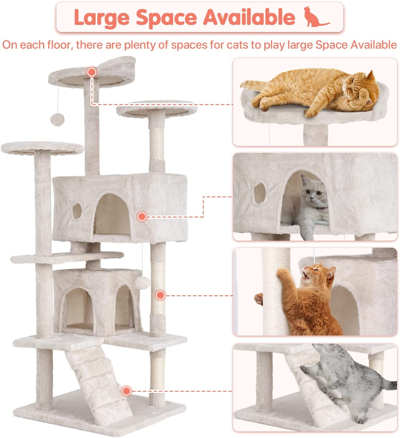 54-Inch Double Condo Cat Tree Tower with Scratching Post and Perch for Indoor Use, Beige
