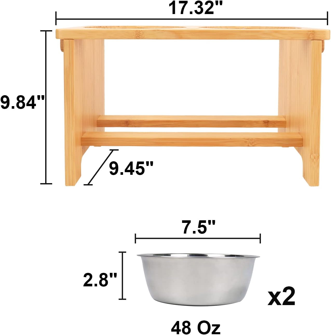 Elevated Dog Bowl Stand with Two Stainless Steel Bowls, 10" Height, 48 Oz Capacity, Pet-Safe Solid Bamboo Design for Large, Medium, and Small Dogs