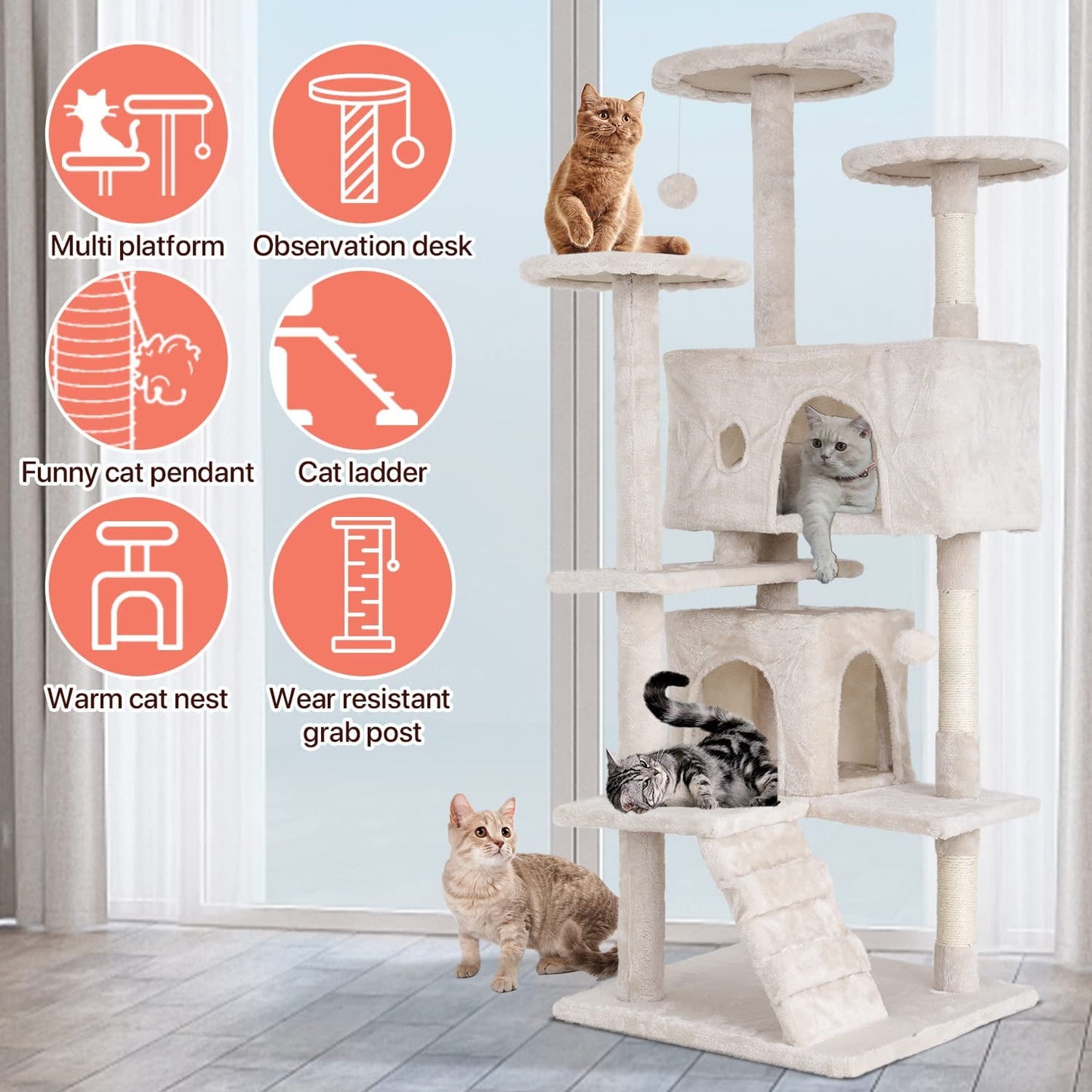 54-Inch Double Condo Cat Tree Tower with Scratching Post and Perch for Indoor Use, Beige