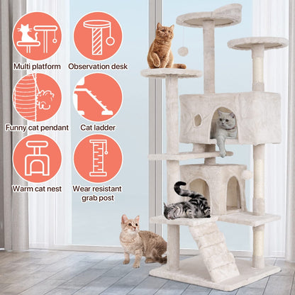 54-Inch Double Condo Cat Tree Tower with Scratching Post and Perch for Indoor Use, Beige