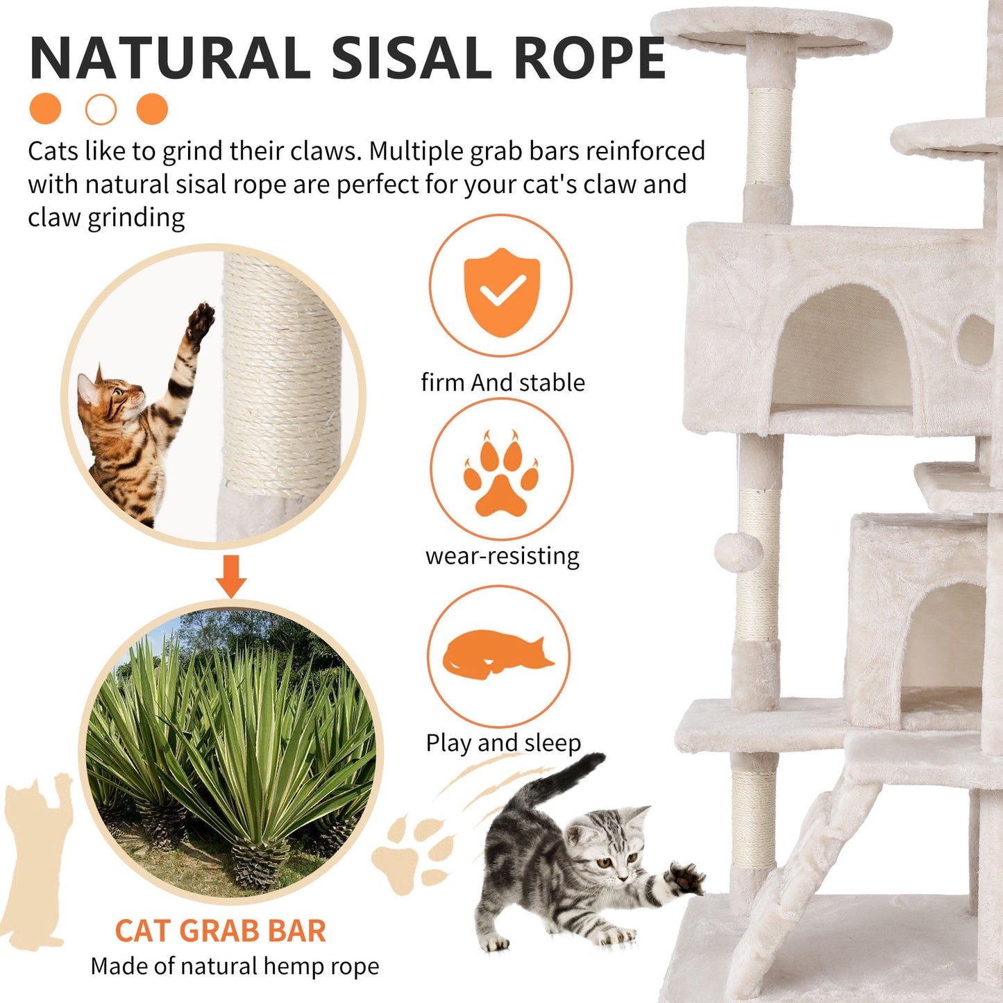 54-Inch Double Condo Cat Tree Tower with Scratching Post and Perch for Indoor Use, Beige
