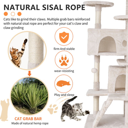 54-Inch Double Condo Cat Tree Tower with Scratching Post and Perch for Indoor Use, Beige