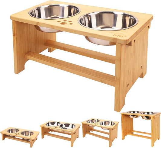 Elevated Dog Bowl Stand with Two Stainless Steel Bowls, 10" Height, 48 Oz Capacity, Pet-Safe Solid Bamboo Design for Large, Medium, and Small Dogs